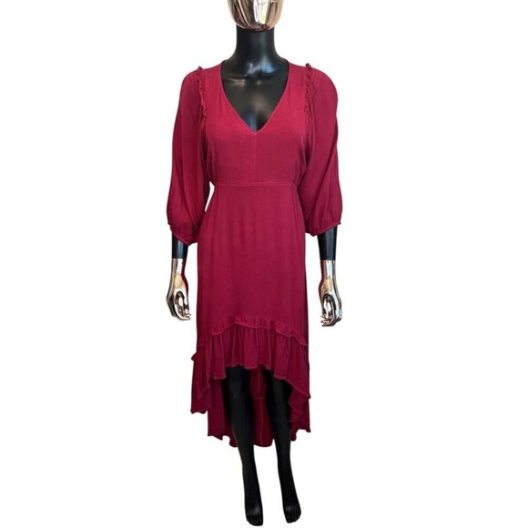 Umgee Burgundy High-Low Ruffle Midi Dress, Long Sleeve, Open Back – L - Picture 2 of 10